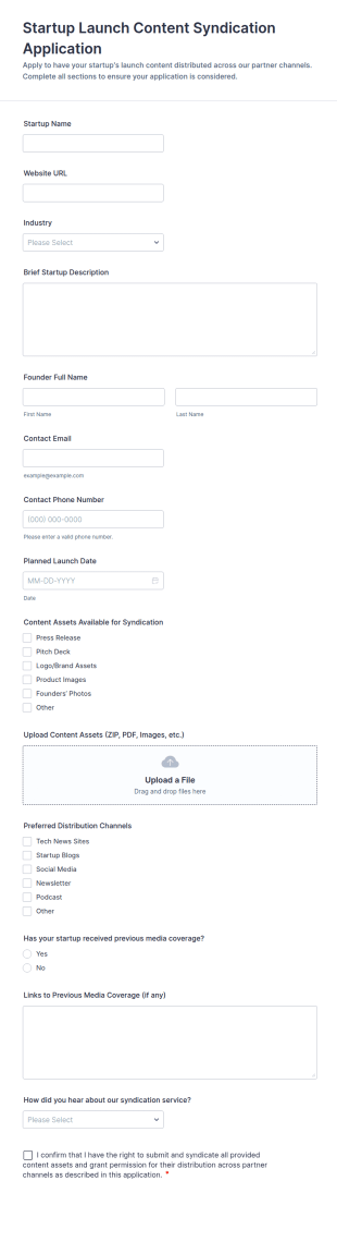 Startup Launch Content Syndication Application Form Template