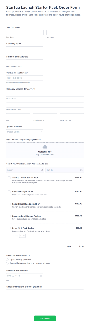 Startup Launch Starter Pack Order Form Template