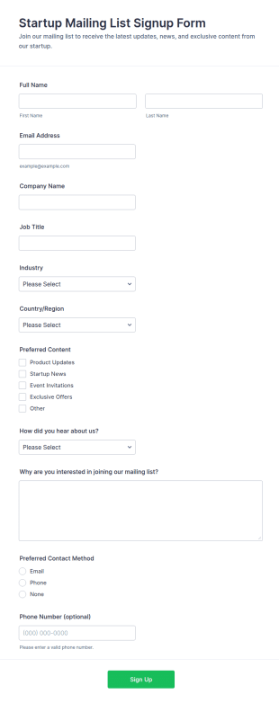 Startup Mailing List Signup Form Template