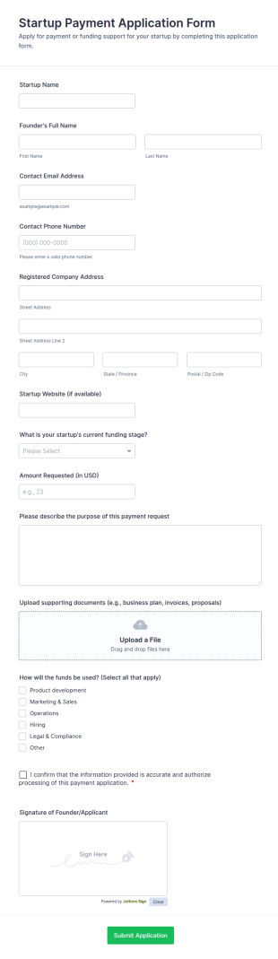 Startup Payment Application Form Template