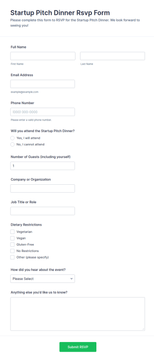 Startup Pitch Dinner RSVP Form Template