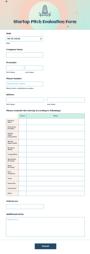 Startup Pitch Evaluation Form Template