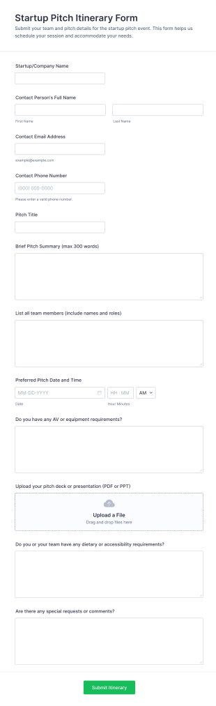 Startup Pitch Itinerary Form Template