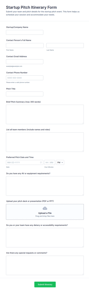 Startup Pitch Itinerary Form Template