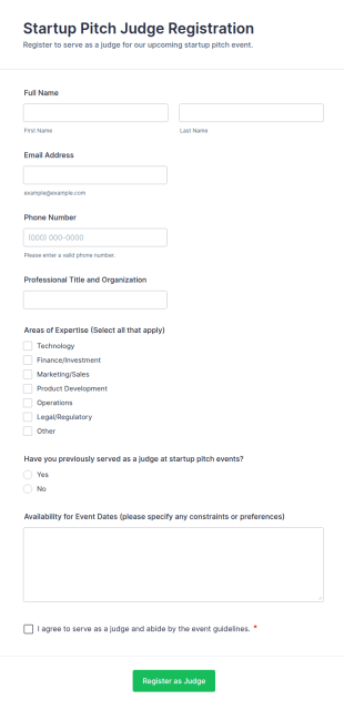 Startup Pitch Judge Registration Form Template
