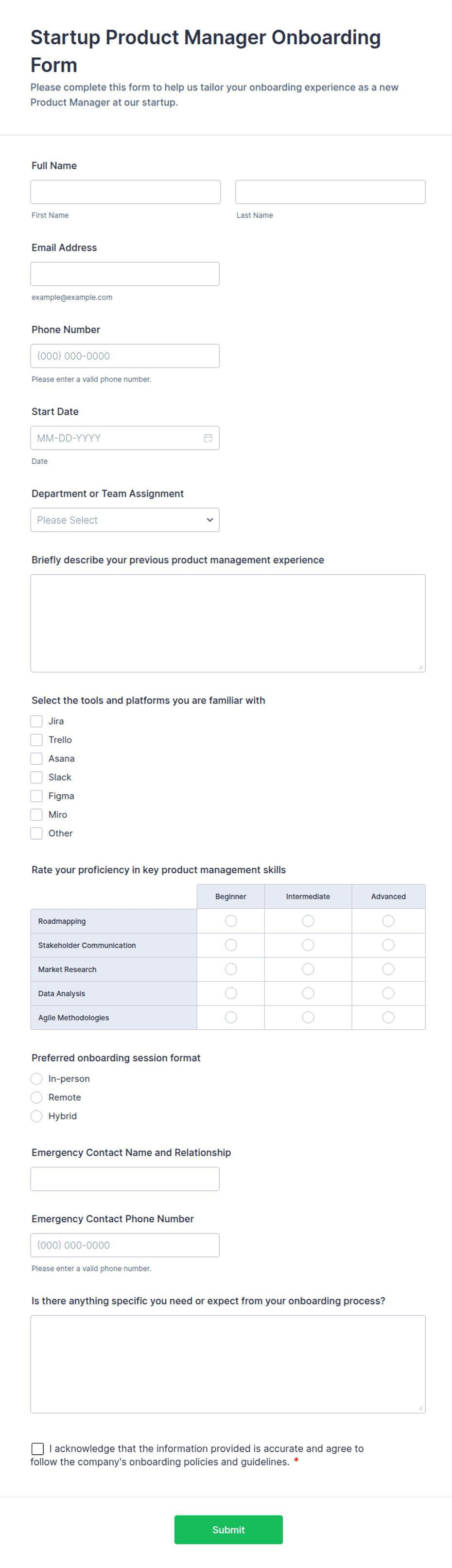 Startup Product Manager Onboarding Form Template | Jotform