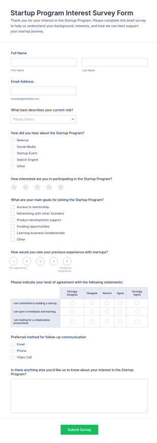Startup Program Interest Survey Form Template