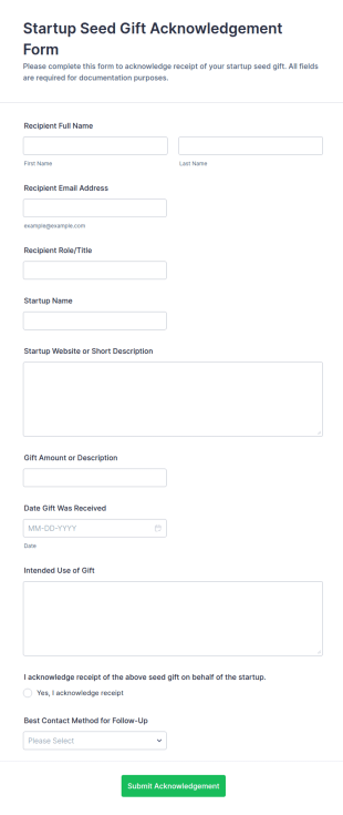 Startup Seed Gift Acknowledgement Form Template
