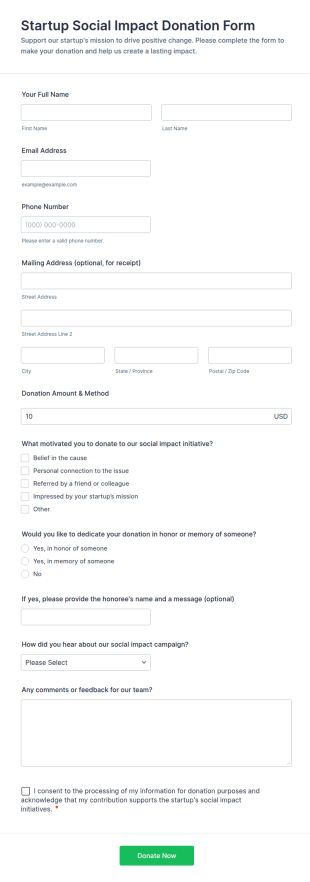 Startup Social Impact Donation Form Template