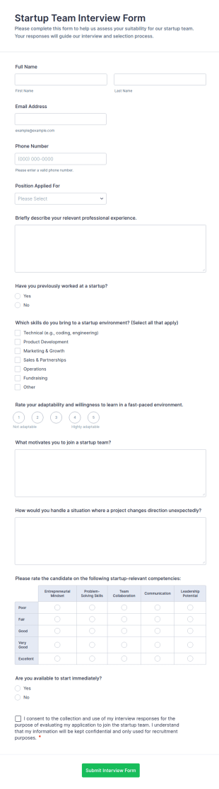 Startup Team Interview Form Template