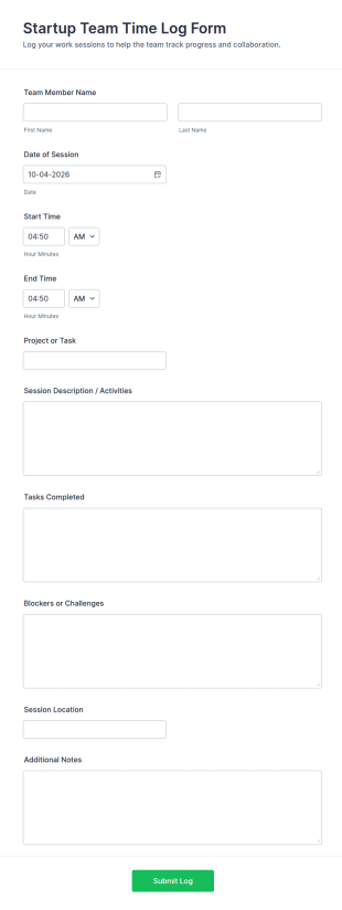 Startup Team Time Log Form Template