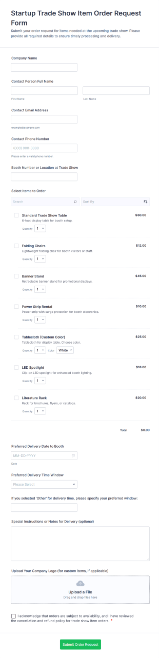 Startup Trade Show Item Order Request Form Template