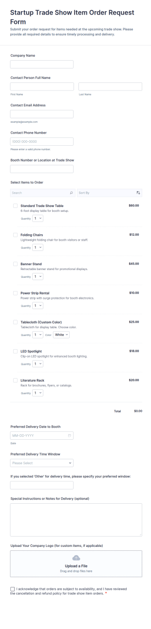 Startup Trade Show Item Order Request Form Template