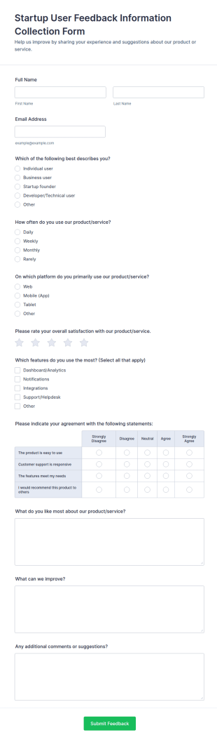 Startup User Feedback Information Collection Form Template