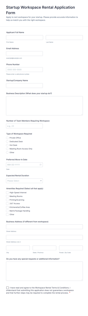 Startup Workspace Rental Application Form Template