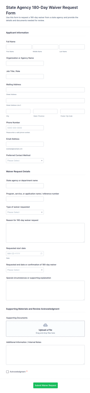 State Agency 180 Day Waiver Request Form Template