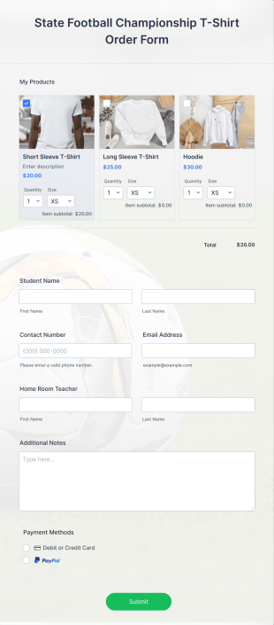 State Football Championship T Shirt Order Form Template