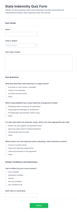 State Indemnity Quiz Form Template