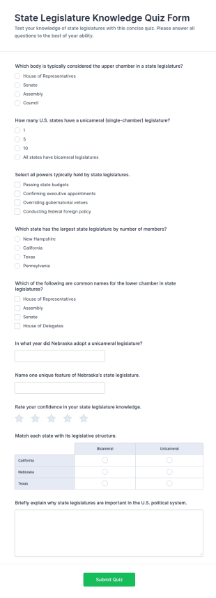 State Legislature Knowledge Quiz Form Template