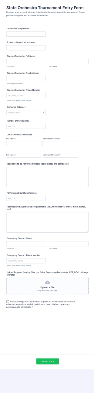 State Orchestra Tournament Entry Form Template