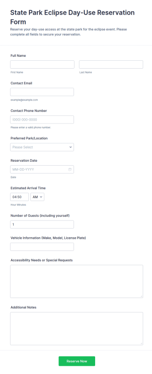 State Park Eclipse Day Use Reservation Form Template