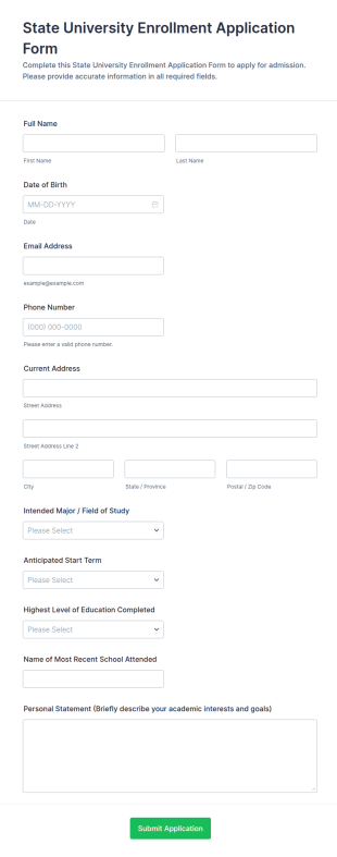 State University Enrollment Application Form Template