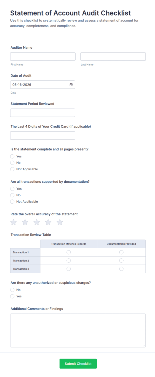 Statement Of Account Audit Checklist Form Template