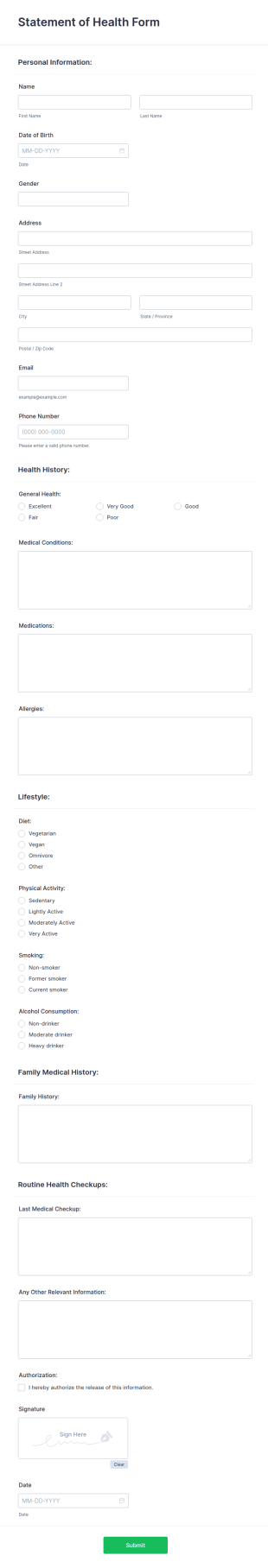 Statement Of Health Form Template