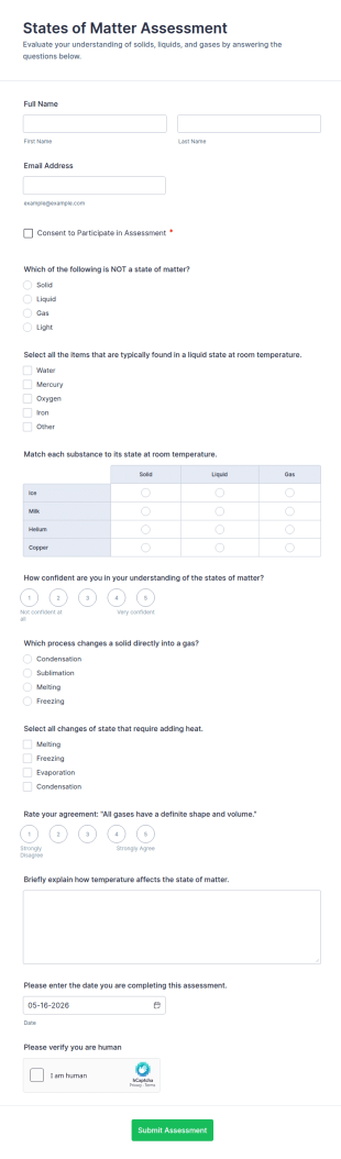 States Of Matter Assessment Form Template