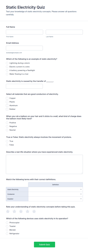 Static Electricity Quiz Form Template