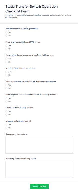 Static Transfer Switch Operation Checklist Form Template