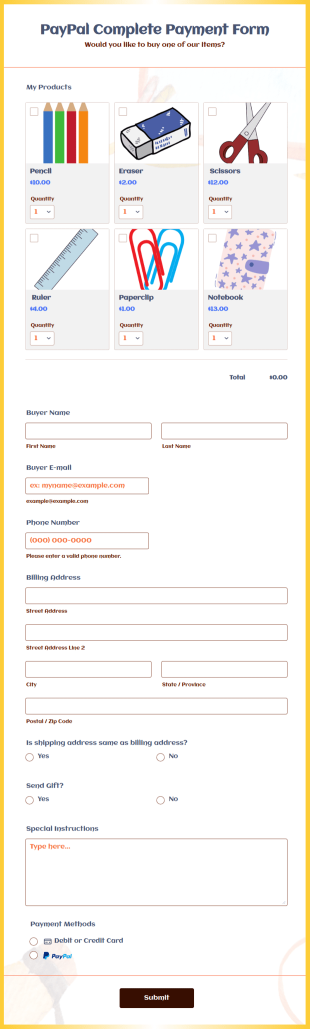 Stationary Payment Form Template