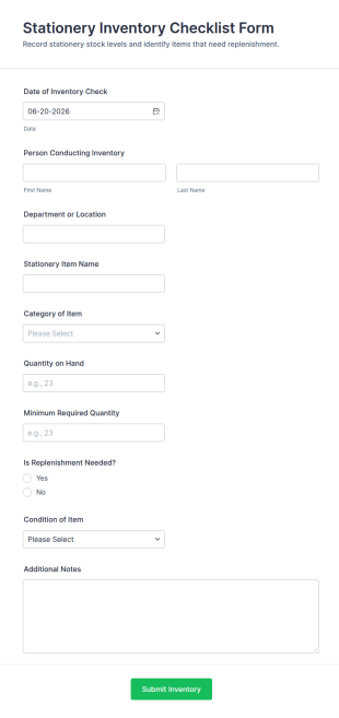Stationery Inventory Checklist Form Template