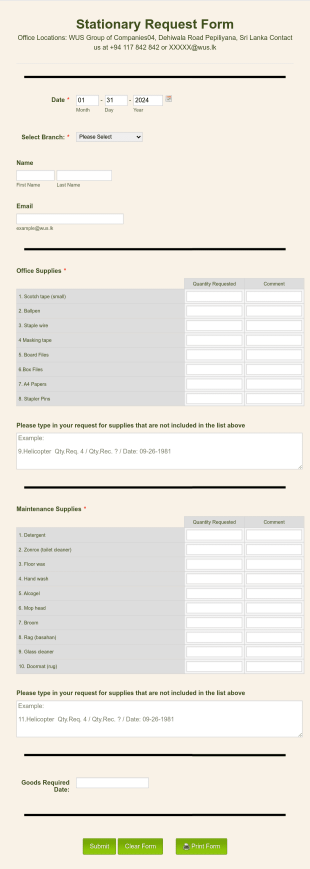 Stationery Order Form Template