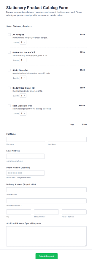 Stationery Product Catalog Form Template