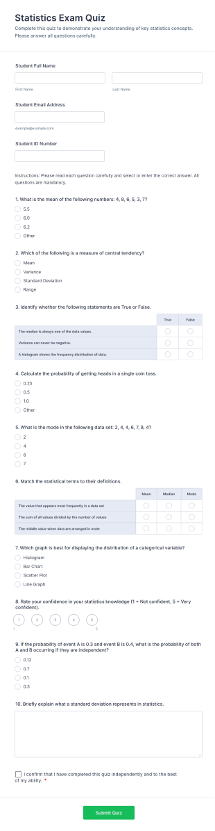 Statistics Exam Quiz Form Template
