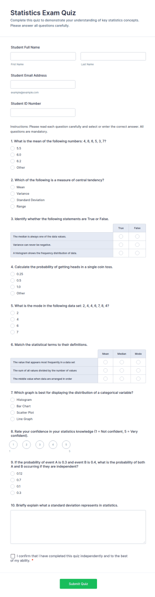 Statistics Exam Quiz Form Template