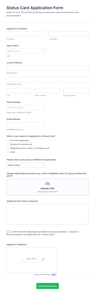 Status Card Application Form Form Template
