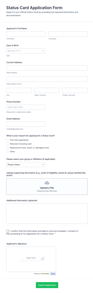 Status Card Application Form Template
