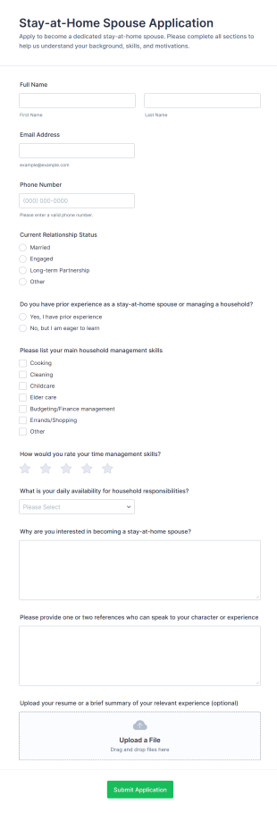 Stay At Home Spouse Application Form Template