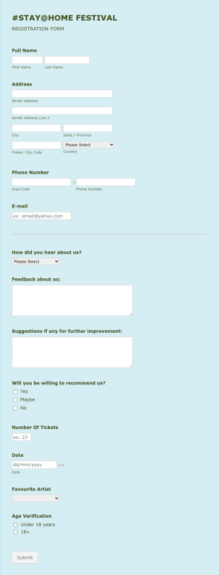 Virtual Stay At Home Festival Registration Form Template