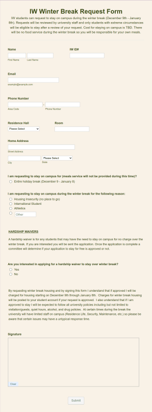 Stay On Campus Request Form Template