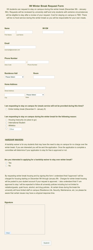 Stay On Campus Request Form Template