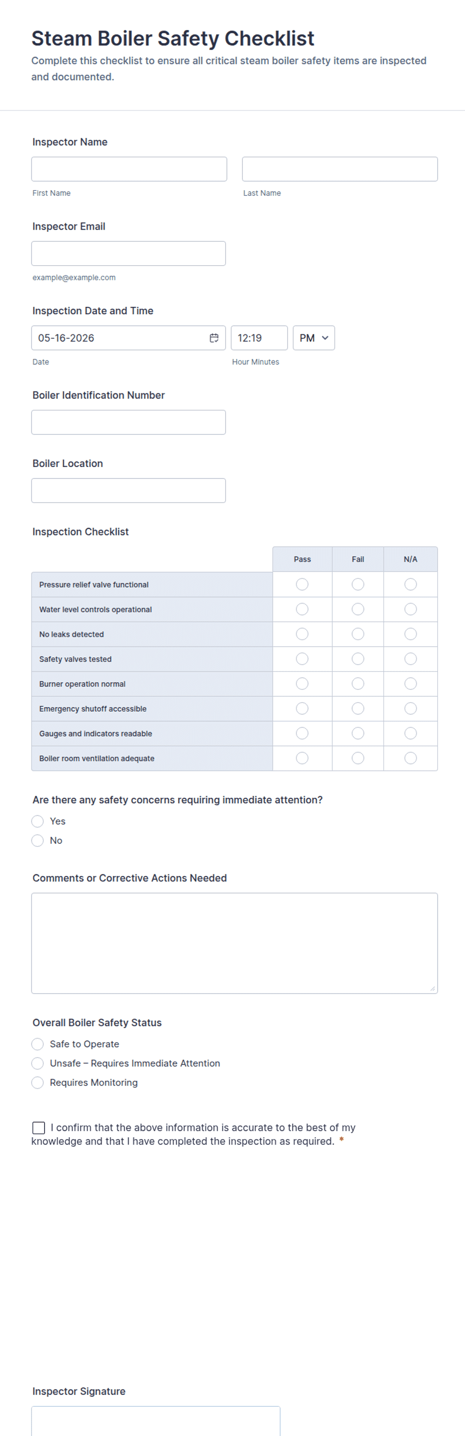 Steam Boiler Safety Checklist Form Template | Jotform