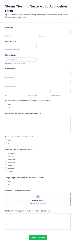 Steam Cleaning Service Job Application Form Template