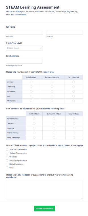 STEAM Learning Assessment Form Template