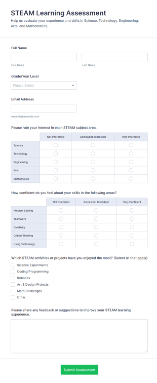 STEAM Learning Assessment Form Template