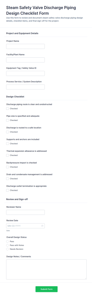 Steam Safety Valve Discharge Piping Design Checklist Form Template