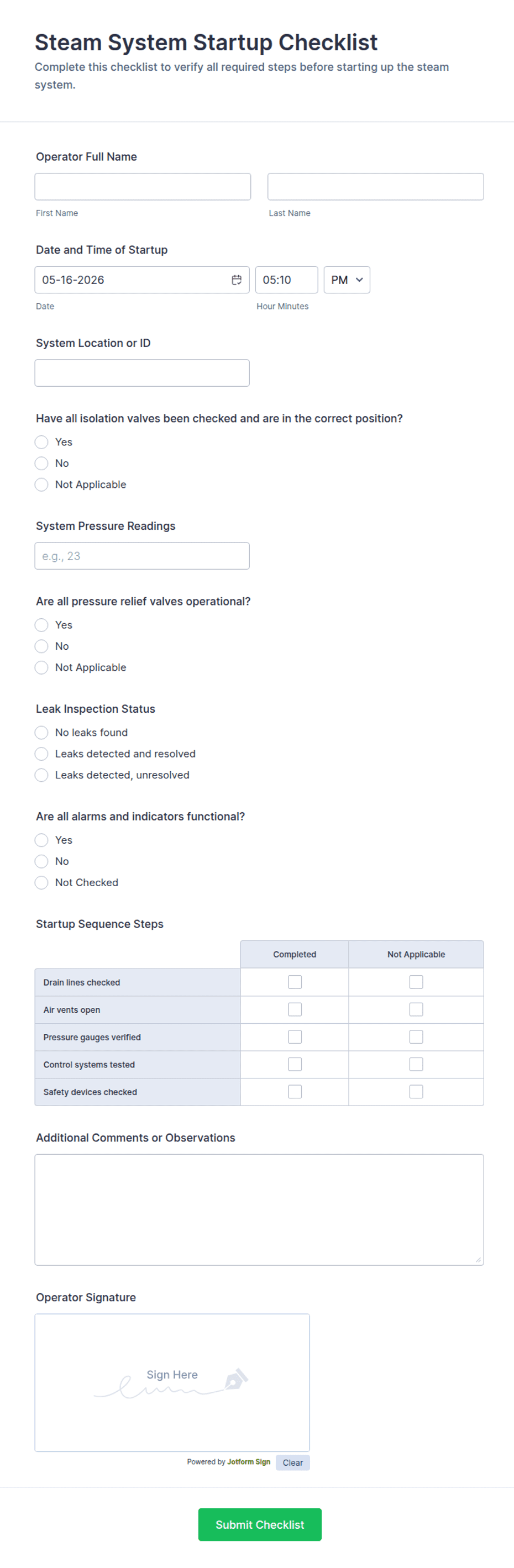 Sseqm Checklists Steam System Startup Checklist Form Template | Jotform