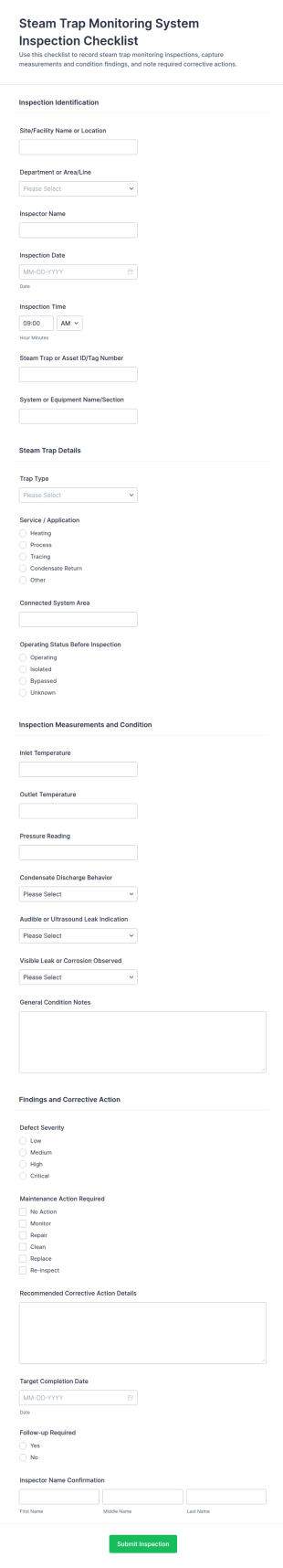 Steam Trap Monitoring System Inspection Checklist Form Template